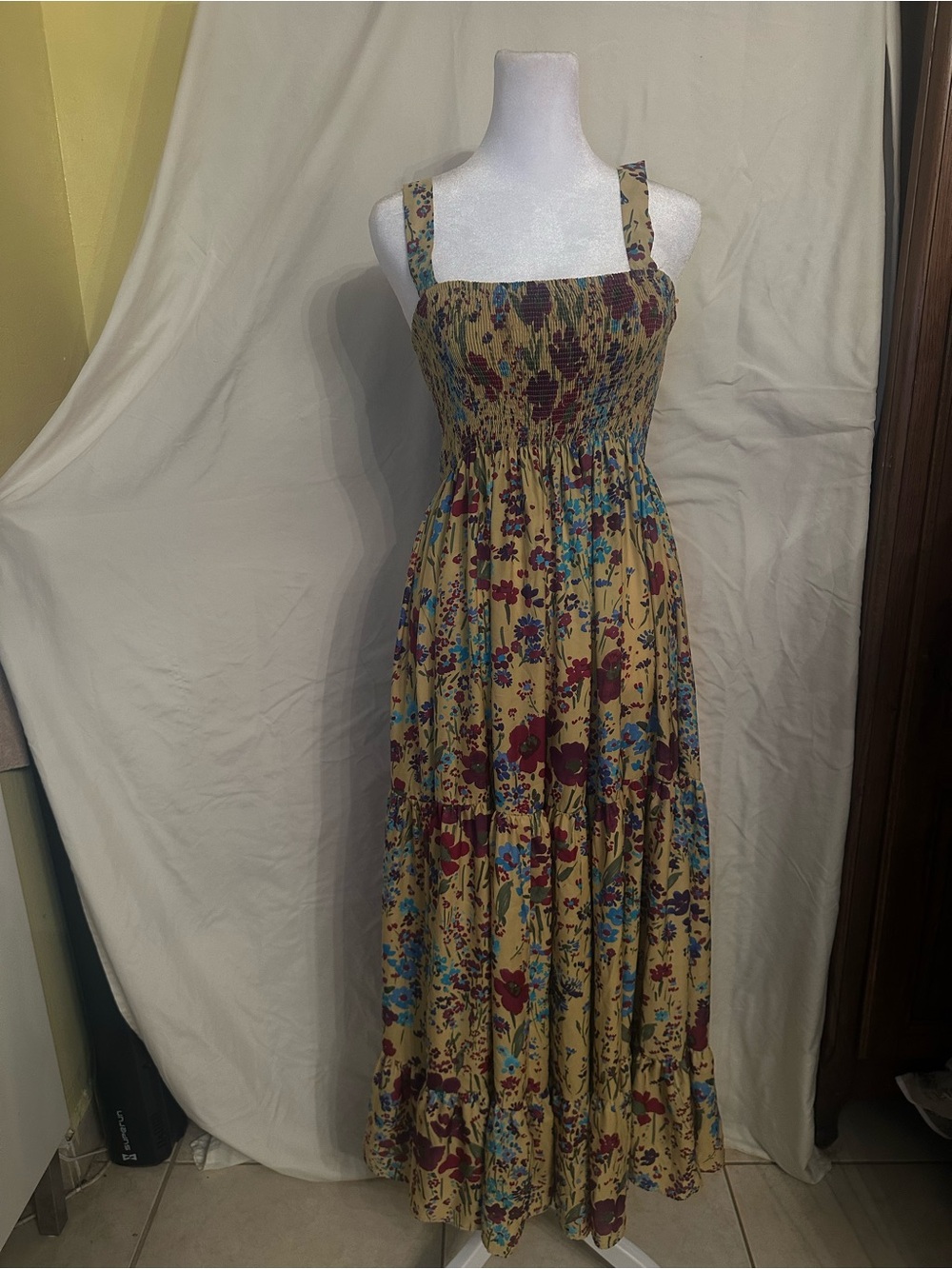 Zara Mustard Floral Smocked Maxi Dress with Red and Blue Blooms